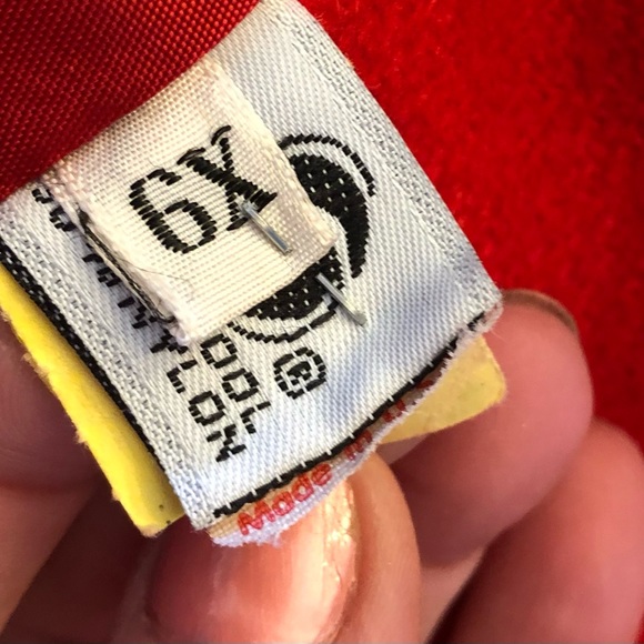 Red wool coat with black velvet trim and matching red wool bonnet. - Picture 7 of 9